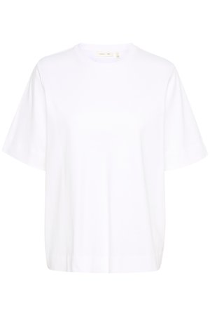 T-shirt blanc en coton doux, avec un col rond, des manches courtes amples et un ourlet droit sans motifs ni accents visibles.