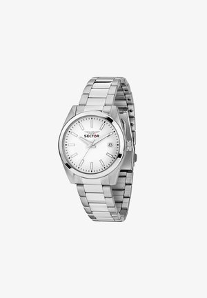 Orologio da polso in acciaio inossidabile argentato con quadrante bianco, indici a bastone delle ore, finestra della data alle 3 e logo Sector sotto le 12.