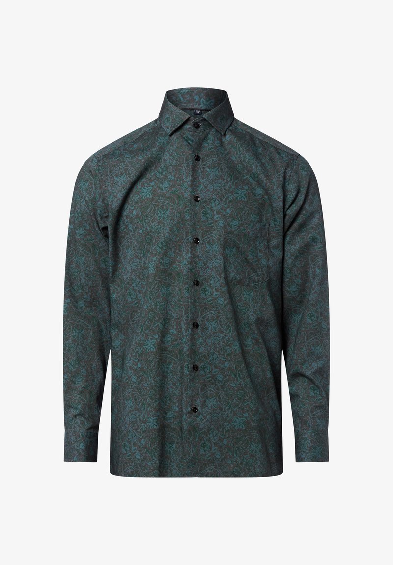 Long-sleeved shirt in dark green with intricate floral pattern, featuring a button-up front, collar, and single chest pocket; made of cotton fabric.