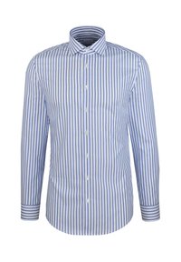 Camicia a maniche lunghe a righe blu e bianche con colletto button-down. Presenta una vestibilità sagomata e una classica patta con bottoni. Tessuto in cotone.