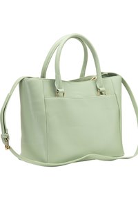 Sac cabas en cuir vert menthe avec deux poignées supérieures et une bandoulière réglable. Dispose d'une poche avant et d'accents en métal doré.