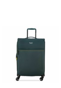Valise verte avec une finition texturée, double roues doubles, une poignée télescopique, une poche zippée à l'avant et le logo "Delsey Paris".