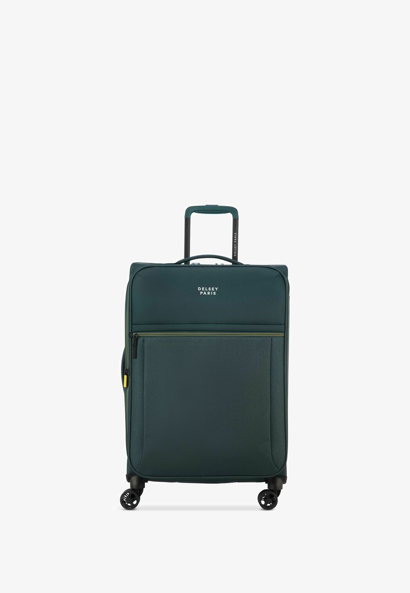 Valise verte avec une finition texturée, double roues doubles, une poignée télescopique, une poche zippée à l'avant et le logo "Delsey Paris".