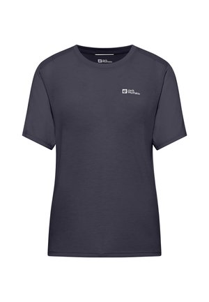 Dunkelblaues Kurzarm-T-Shirt aus glattem Stoff. Es hat ein kleines weißes Logo auf der linken Brust und einen klassischen Rundhalsausschnitt.