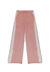 Pantaloni sportivi rosa con pannelli laterali bianchi, vita elastica con cordino, tasche laterali e chiusura a scatto alle caviglie.