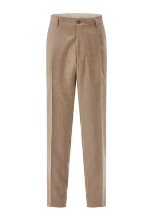 Beige tailored men's trousers with belt loops, front button closure, and straight-leg design.