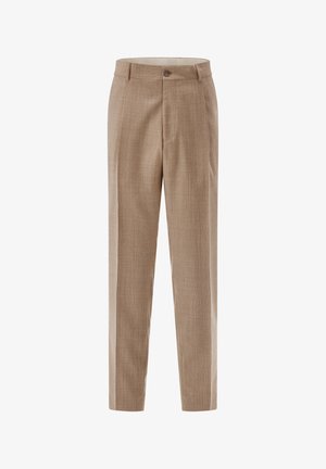 Beige maßgeschneiderte Herrenhosen mit Gürtelschlaufen, vorderer Knopfleiste und geradem Bein.