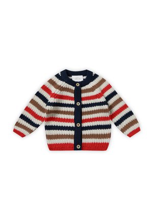 Cardigan bébé en tricot avec des rayures horizontales rouge, marine, blanc et marron, avec une patte de boutonnage marine et un col rond.