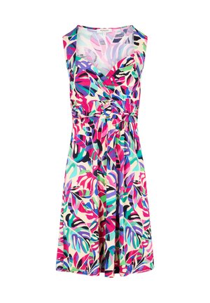 Mouwloze jurk van lichte stof met een veelkleurig bladdessin in roze, groen en blauw tinten. Getailleerde buste met een gathered taille.