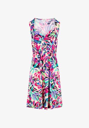 Mouwloze jurk van lichte stof met een veelkleurig bladdessin in roze, groen en blauw tinten. Getailleerde buste met een gathered taille.