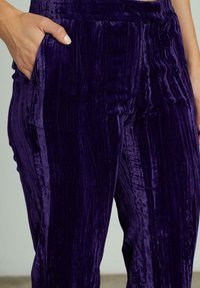 Pantaloni in velluto viola con una consistenza morbida, caratterizzati da righe verticali e una tasca laterale. La vita è ampia e liscia.