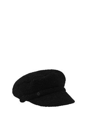 Black textured baker boy hat with a short curved brim and a small decorative round metal button on the band.