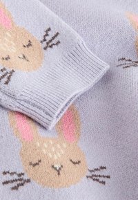 Lys lilla sweater med en blød strikstruktur og et mønster af tegneserieravne med lyserøde ører og skæg.