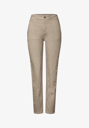 Beige Baumwollhosen im Slim-Fit-Design, mit vorderen Taschen, Knopfverschluss und glatter Textur.