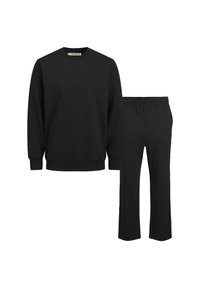 Sort bomulds sweatshirts med rund halsudskæring og lange ærmer, parret med matchende sorte bukser med elastisk talje.