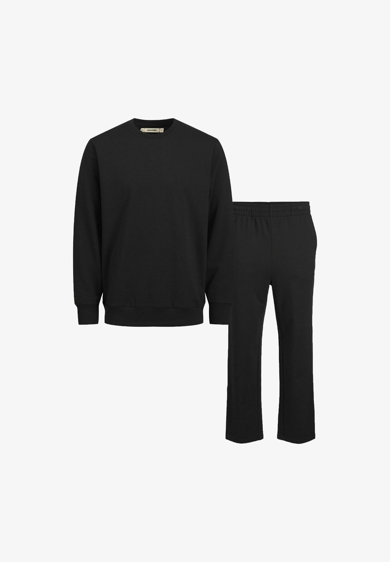 Zwarte katoenen sweatshirt met een ronde halslijn en lange mouwen, gecombineerd met bijpassende zwarte broek met een elastische tailleband.