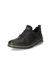 Chaussure noire en cuir à lacets avec un bout arrondi, semelle rembourrée et accents gris contrastants. Dotée d'une languette au talon pour un enfilage facile.