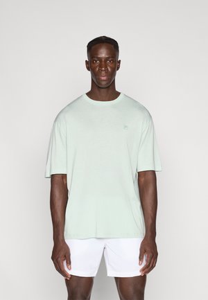 T-shirt oversize verde chiaro con maniche corte, scollo rotondo e piccolo dettaglio logo. Indossata con pantaloncini bianchi, su sfondo uniforme.