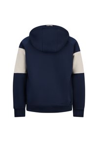 Felpa navy con un design semplice, caratterizzata da dettagli crema sulle spalle e sulle maniche. Realizzata in un tessuto morbido, presenta una tasca a marsupio e polsini a coste.