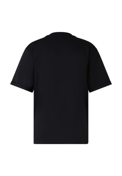 Sort kortærmet t-shirt lavet af bomuld. Har rund halsudskæring og en afslappet pasform. Glat tekstur, ingen synlige mønstre eller detaljer.