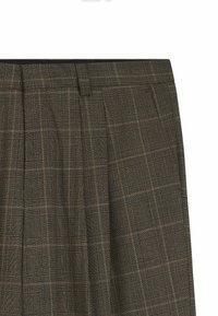 Dark plaid trousers with a textured finish, featuring a pleated design, subtle brown and black tones, and a tailored waistband.