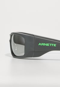 Gafas de sol negras con lentes gris, con un diseño elegante y un prominente logo verde "ARNETTE" en el lateral.