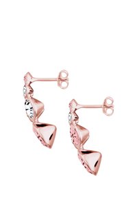 Rosenfarvede stud øreringe med et geometrisk design og krystal accenter, der kombinerer pink og klare sten med en poleret finish.