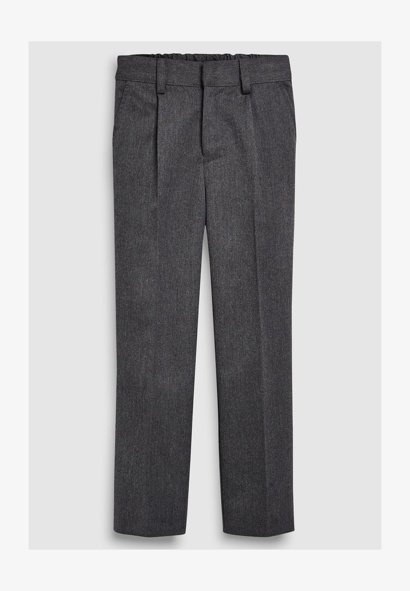 Pantalones de vestir ajustados de color gris oscuro con trabillas para cinturón, pinzas frontales y bolsillos laterales inclinados, colocados planos sobre un fondo claro.