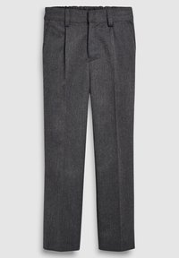 Pantalon droit gris avec un motif texturé subtil, ceinture élastique et deux poches avant, design ajusté.