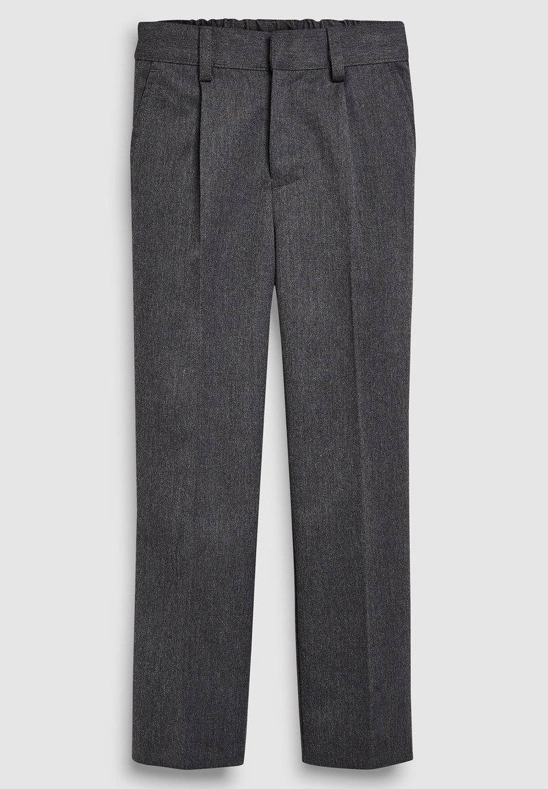 Pantalon droit gris avec un motif texturé subtil, ceinture élastique et deux poches avant, design ajusté.