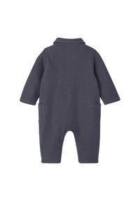 Dark gray long-sleeve baby jumpsuit with collar and side pockets, shown from the back on a white background.