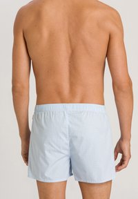 Shorts de bain à carreaux bleu clair avec une taille élastique, en tissu lisse et d'un design ample, vus de l'arrière.