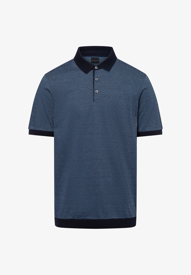 Navy blue polo shirt with textured fabric, two-button placket, and contrasting dark collar and cuffs. Short sleeves.