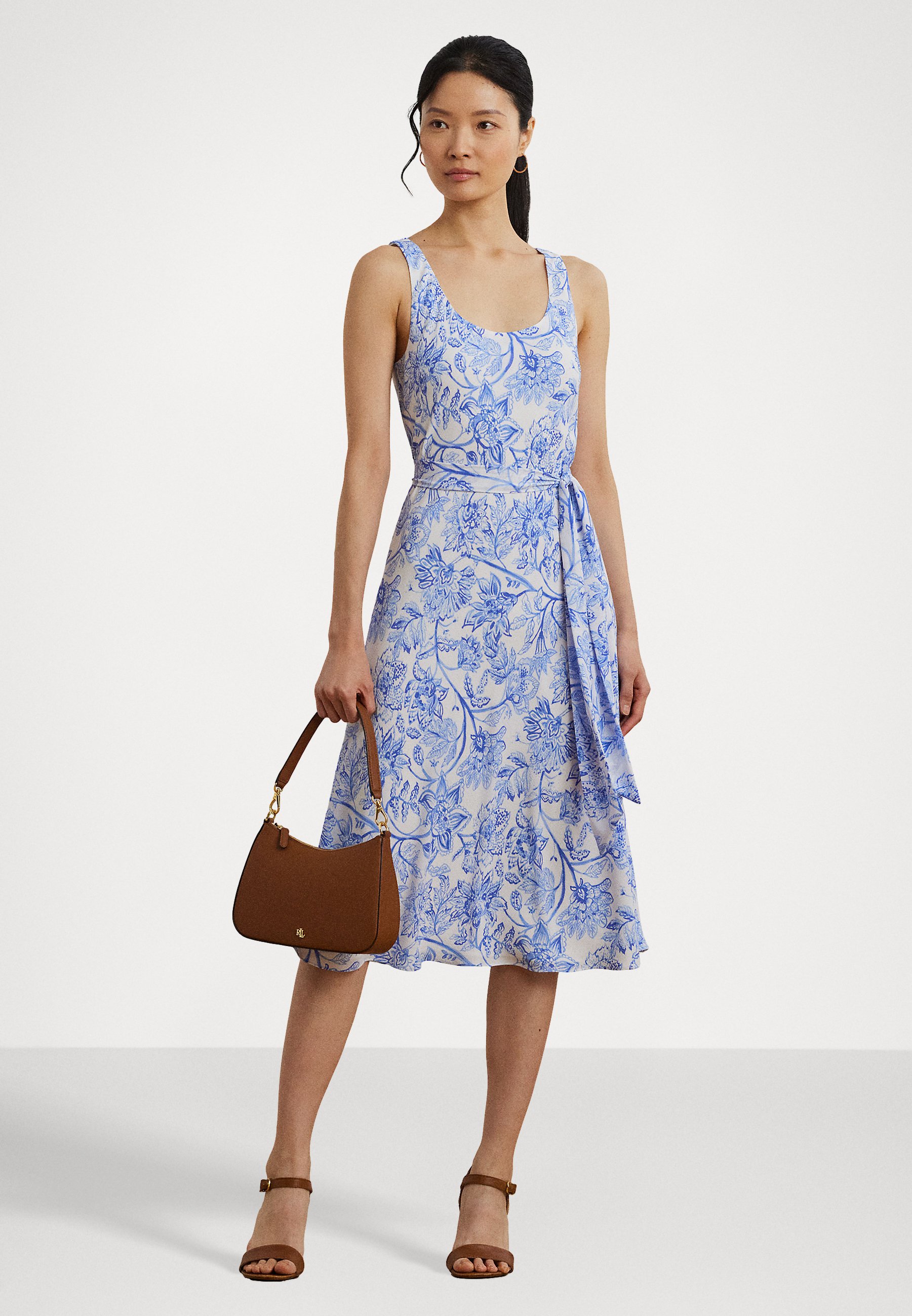 Lauren Ralph Lauren Floral Belted Crepe Sleeveless Dress