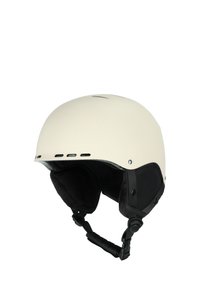 Mat hvid skihjelm med justerbar rem, blød sort foring, ventilationsåbninger på toppen og polstrede ørebeskyttere for komfort.