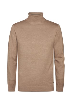 Pulover bej cu gât înalt, realizat dintr-un material tricotat moale. Prezintă un guler și manșete cu dantelă, cu o margine dreaptă și un design minimalist.