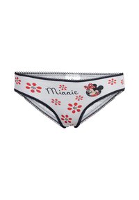 Bañador tipo bikini blanco con ribete azul marino, patrón de flores rojas y la cara de Minnie Mouse con un lazo de lunares rojos en la parte frontal.