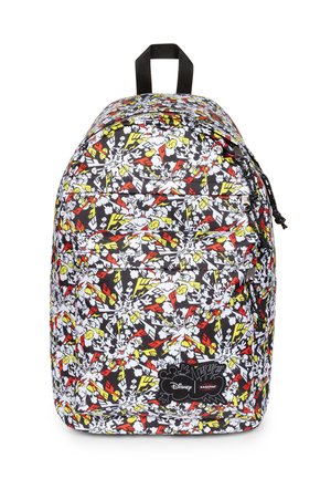 Zaino con motivo colorato in stile fumetto in rosso, giallo, bianco e nero, con loghi Disney e Eastpak sulla tasca frontale.