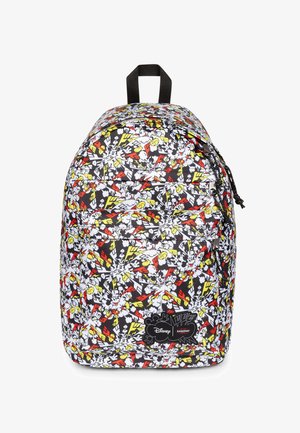Rygsæk med farverigt tegneseriemønster i rød, gul, hvid og sort, med Disney- og Eastpak-logoer på frontlommen.