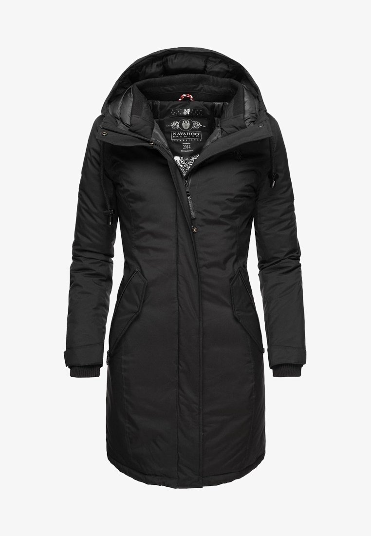 Černá zateplená parka s kapucí, zipovým zapínáním, bočními kapsami a žebrovanými manžetami. Funkční design pro teplo a pohodlí.