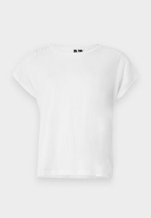 Biela krátkosrstá tričko s okrúhlym výstrihom a čipkovými detailmi na ramenách. Vyrobené z mäkkej, ľahkej tkaniny.