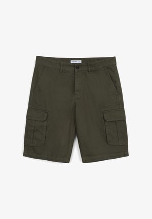 Olivgrüne Cargo-Shorts aus Baumwollstoff; mit zwei seitlichen Taschen und zwei externen Seitentaschen mit Klappen; Knopfverschluss.