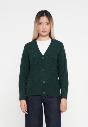 Cárdigan verde de punto con un patrón de diamantes, con cuello en V, puños acanalados y cinco botones verdes en la parte delantera.