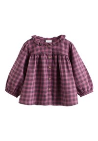 Chemise en flanelle à carreaux violette et noire à manches longues, avec un col à volants, des boutons sur le devant et une taille froncée. Tissu léger.