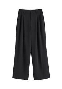 Pantaloni neri a gamba larga con pieghe, passanti per cintura e tasche laterali, presentati su uno sfondo bianco.