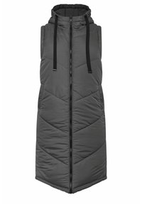 Ärmös vadderad väst i mörkgrått, med en texturerad chevronmönster, framdragkedja, justerbar huva och svarta snören.