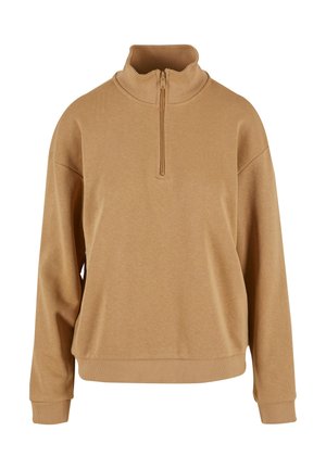 Sweatshirt beige avec un col haut et une demi-fermeture éclair. Fabriqué en tissu doux, avec des poignets côtelés et un design à coupe décontractée.