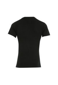 T-shirt noir à manches courtes avec un col rond, fabriqué en tissu lisse, présentant une coupe ajustée et sans motifs ni designs visibles.