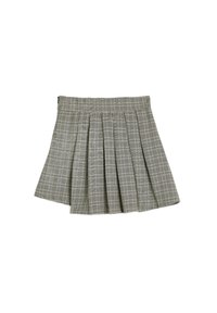 Falda plisada de cuadros grises con una cinturilla ajustada, que presenta líneas verticales y horizontales. El material parece texturizado y estructurado.