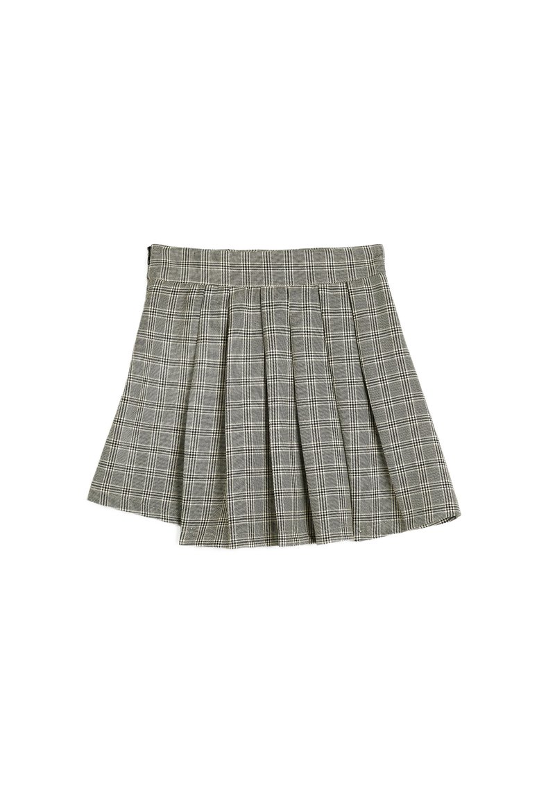 Falda plisada de cuadros grises con una cinturilla ajustada, que presenta líneas verticales y horizontales. El material parece texturizado y estructurado.